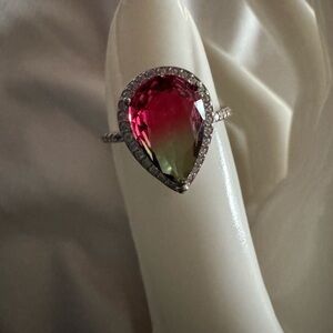 NEW Stunning Diamond & Watermelon Tourmaline  Pear Cut Ring, Size 6